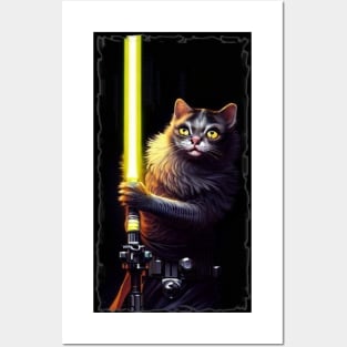 Fun Cat Print ~ AI Art ~ Fantasy Cat ~ Sci-fi Cat ~ Cats with Lightsabers Posters and Art